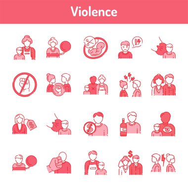 Şiddet renk çizgisi simgeleri ayarlandı. Taciz, aile içi şiddet ve zorbalık. Web sayfası için piktogramlar, mobil uygulama, tanıtım. UI UX GUI tasarım elemanı. Düzenlenebilir vuruş.