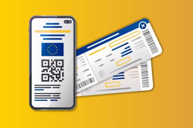 Sarı arka planda AB Dijital COVID Sertifikalı düz element. Uçuş için biniş kartı. QR kodu akıllı telefondan taranıyor.