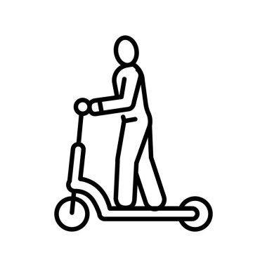 E-scooter siyah çizgi ikonu olan kişi. Vektör izole eleman. Düzenlenebilir vuruş.