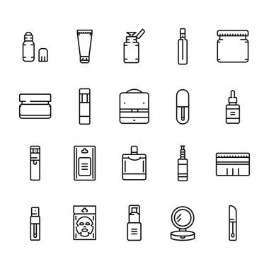 Kozmetik siyah çizgi simgeleri için plastik kaplar. Vektör izole eleman. Düzenlenebilir vuruş