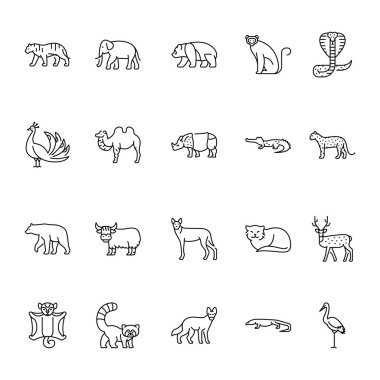 Dijital ve baskı projeleri için Asya hayvanlarının siyah çizgi simgeleri ayarlandı. Uygulamalar ve web siteleri için en az temiz simgeler. UI UX ve markalaşma için modern basit simgeler
