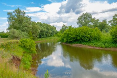 Yaz manzarası, gök gürültülü bulutlar, mavi gökyüzü, sel basmış çayır tarlaları, yaz renklerinin kokusu ve çeşitli kır çiçekleri.