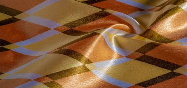 Kahverengi, sarı ve beyaz geometrik kare şekilli ipek kumaş. Soyut arkaplan, boş şablon. Basit geometrik desen, duvar kağıdı, doku, arkaplan.