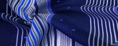 İpek kumaş, mavi arka plan, çizgili beyaz ve mor çizgiler, Meksika teması, Meksika pançosu kostümleri. Desen deseni, koleksiyon,