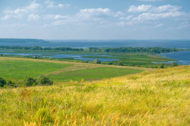 Yaz manzarası. Dünyanın Avrupa bölgesindeki bir nehir. Güneşli sıcak bir gün. Yeşil ağaçlar, çimenler. Mavi gökyüzü küçük bir bulut örtüsüyle.