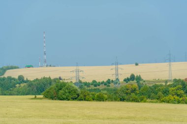 Yaz fotoğrafı. Buğday tarlası, elektrik direkleri, elektrik desteği, çelik şanzıman direği, günbatımı, güneş, elektrik hatları.