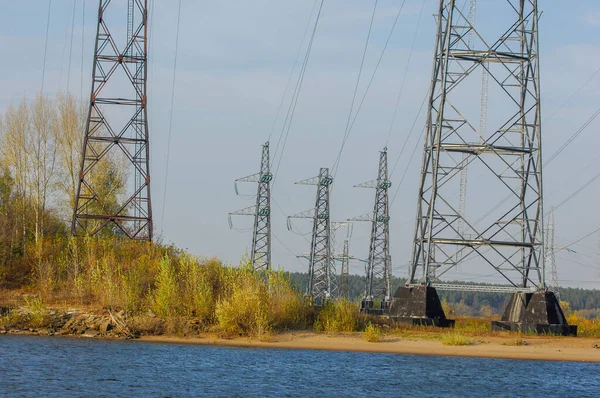 Autumn Landscape River Energy Pillars High Voltage Pole Blue Sky — Stock Photo, Image