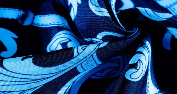 Синьо Біла Монограмована Шовкова Тканина Вишуканий Візерунок Філігранної Тканини Текстура — стокове фото