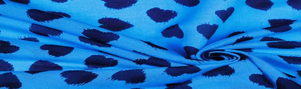 Tecido Seda Impressão Azul Corações Pretos Fundo Textura Padrão Cartão — Fotografia de Stock