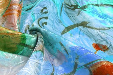 Ressam tarafından çizilmiş ipek kumaş, parlak renkler, kahverengi-sarı mavi renk, dizginlenemez fantezi, doku, arkaplan, desen, duvar kağıdı