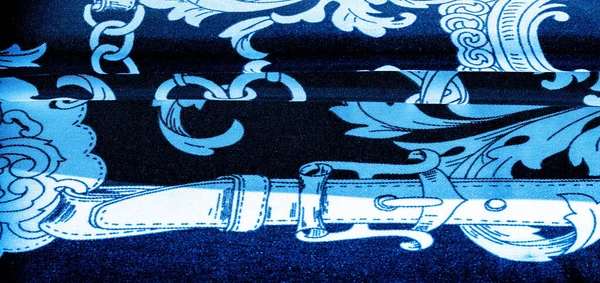 Tecido Seda Monograma Azul Branco Requintado Padrão Tecido Filigrana Textura — Fotografia de Stock