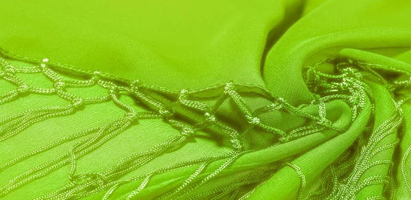 Зелена Шовкова Хустка Бахромою Краю Тканини Поширений Тип Краватки Теплий — стокове фото