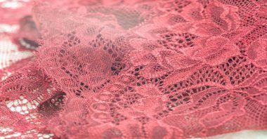 Kırmızı dantel. Elastik moda tekstil jakuzi danteli. Seksi iç çamaşırları için dekoratif bir şey. Lastik bantlar. Ev dekoru. Tasarımın için doku. Geçmişi. şablon.