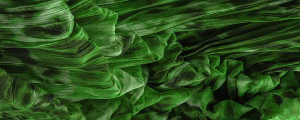 Green Cloth Silk Fabric Fine Organza Panther Print Crumpled Texture — Stock Photo, Image