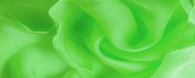 Dalgalı boruları olan yeşil ipek bir organza. Kumaşın kenarındaki sınır. Soyut arkaplan. doku deseni. İpek organzanın narin bir açık dokuması vardır. Dalga arkaplanı. Boşluğu kopyala