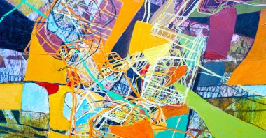 Doku. Geçmişi. Şablon. Tuval üzerinde renkli bir tablo. Yağlı boya renkli dokular. Tablo üzerindeki sanat eserinin soyut bir parçası. Modern Sanat.