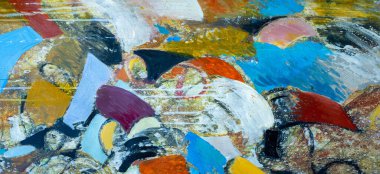 Doku. Geçmişi. Şablon. Tuval üzerinde renkli bir tablo. Boya, soyutlama. Yakın plan fotoğraf. Renkli soyut resim arkaplanı. Yüksek desenli yağlı boya. Yüksek kalite parçalar.