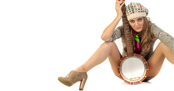 Studio Shooting Model Cute Young Girl Took Photo Banjo — Stock Photo, Image