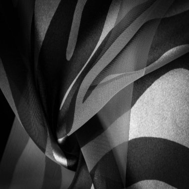 Doku. Geçmişi. Şablon. Soyut siyah ve beyaz renklerde ipek kumaş. Soyut suluboya, desenli dikey ipek kumaş, tuval, makro, yakın çekim.