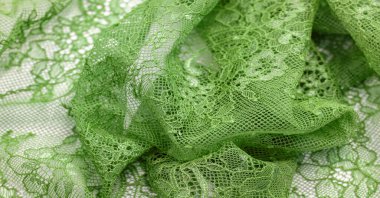 Beyaz arka planda yeşil dantel kumaş. Süslü Afrika polyester ve tüllü dantel kumaş. Tasarımın için çiçekler. Doku. Geçmişi. Şablon
