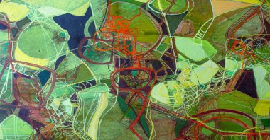 Görüntü. Fotoğraf stüdyosu. El çizimi yağlı boya. Soyut sanat geçmişi. Tuval üzerine yağlı boya boya. Renkli doku. Bir sanat eserinin parçası. Boya lekeleri. Boya fırçaları. Modern sanat. Renkli kanva