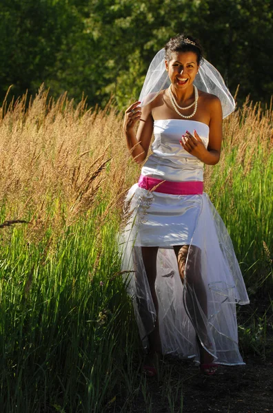 Model Open Air Girl White Wedding Dress Red Accessories — Stock Photo, Image