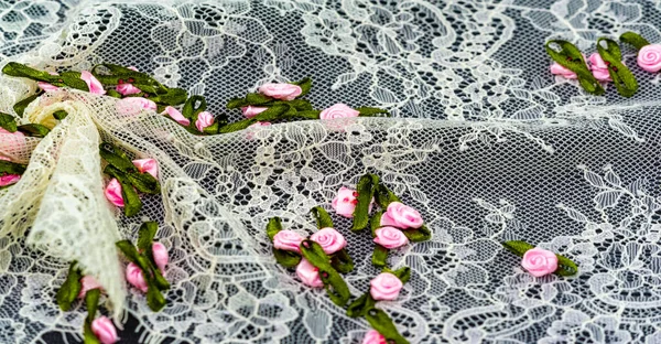 Openwork fabric of light cream color. Small pano roses. Organza fabric with geometric embroidery. With floral embroidery. Wedding decorations. Texture background template. Your bold design