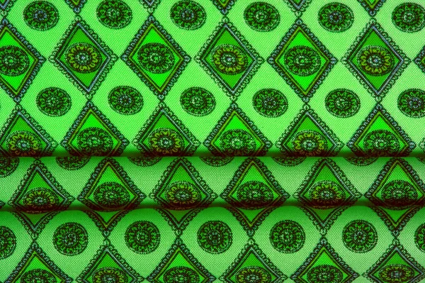 Шелковая Ткань Мягкого Зеленого Цвета Отпечатком Ромбов Квадратов Медалей Расскажите — стоковое фото