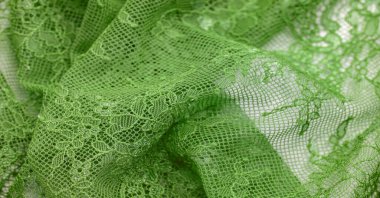 Beyaz arka planda yeşil dantel kumaş. Süslü Afrika polyester ve tüllü dantel kumaş. Tasarımın için çiçekler. Doku. Geçmişi. Şablon