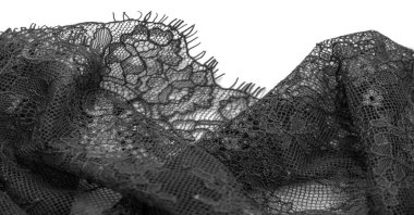 Beyaz arka planda siyah dantel kumaş. Süslü Afrika polyester ve tüllü dantel kumaş. Tasarımın için çiçekler. Doku. Geçmişi. Şablon