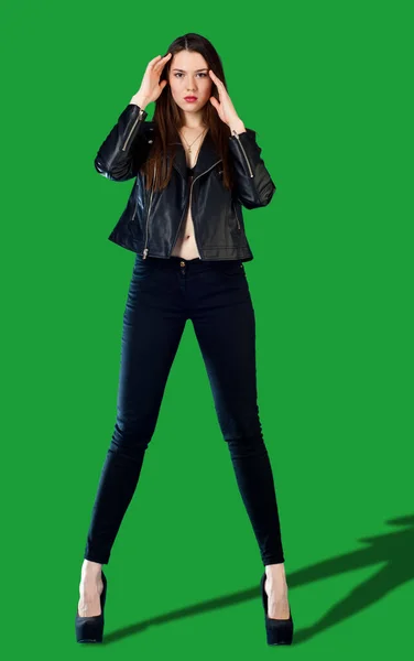 Green Background Chroma Key Beautiful Brunette Girl Black Leather Jacket — Stock Photo, Image