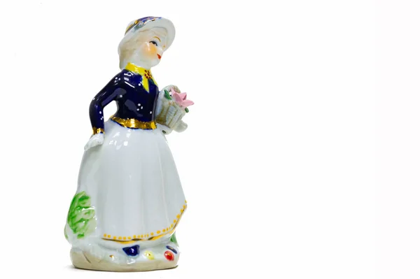 Statuette Depicting Woman Basket Flowers Painted Porcelain Collectibles Swap Meet — Stock Photo, Image