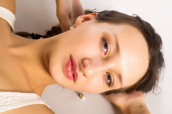 Woman Took Pencil Her Mouth Woman Dressed White Dress Braids — Stock Photo, Image