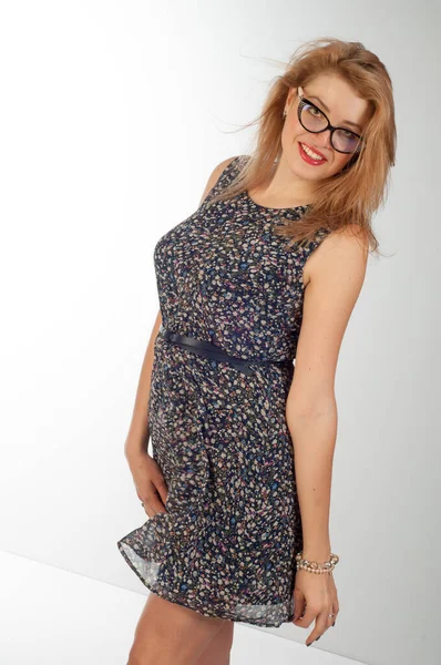 Model Photography Studio Sexy Hot Woman Glasses Floral Dress Tall — Stock Photo, Image