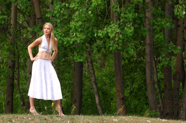 Summer Photo Model Girl Pine Forest Dressed White Dress — Stock Photo, Image