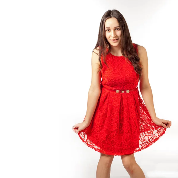 Azjatka Czerwonej Sukience Portret Młodej Dziewczyny Ubranej Czerwoną Sukienkę Akcji — Zdjęcie stockowe