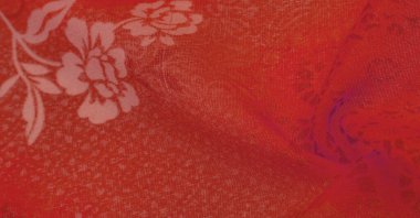 Doku, arka plan, tasarım. Çiçek desenli kırmızı kumaş. Çiçekli botanik çiçekleri. Arkaplan çizimleri kümesi.