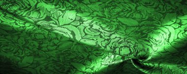 Çiçek desenli yeşil ipek kumaş, güzel görünüş, eşsiz parlaklık kabartmalı desen, bileşik tekstil