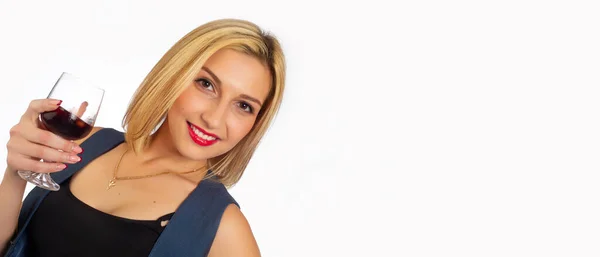 Estúdio Foto Modelo Loira Pantsuit Azul Com Copo Vinho Isolado — Fotografia de Stock