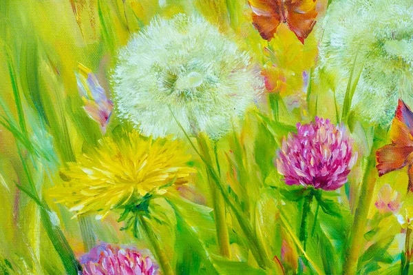 Oil Painting Picture Scene Piece View Canvas Wildflowers Bright Bouquet — Stock Photo, Image