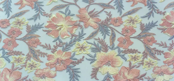 Χρωματιστό Πολύχρωμο Δαντελένιο Ύφασμα Εσοδεία Λουλούδια Φόντο Στυλ Προβηγκία Διακοσμητικό — Φωτογραφία Αρχείου