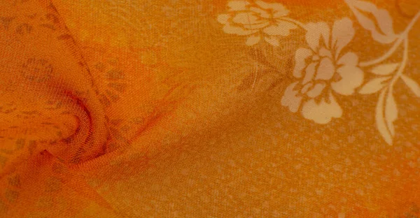 Текстура Фон Дизайн Ткань Оранжевый Шелк Цветочным Узором Фрагмент Красочного — стоковое фото