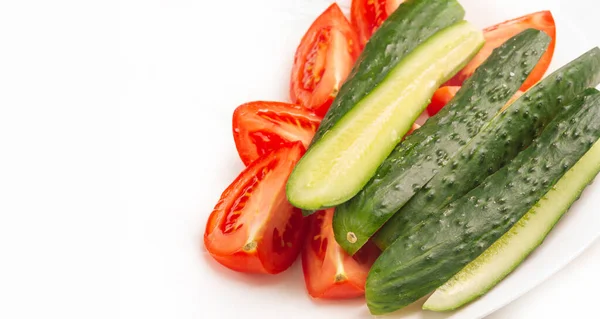 Cucumbers Tomatoes Sliced Food White Background — Stock Photo, Image