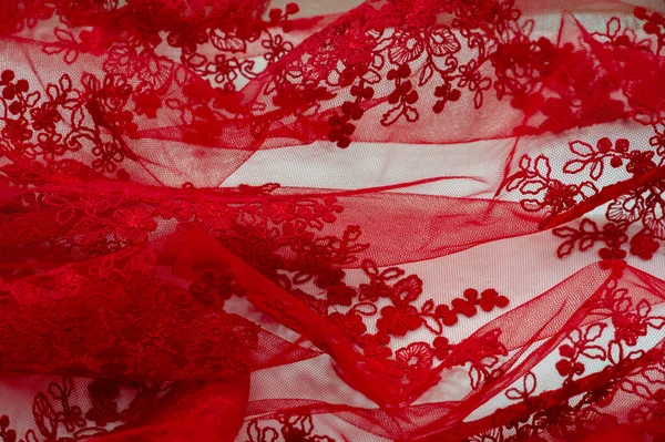 Tissu Dentelle Rouge Coloré Vintage Fond Fleurs Dans Style Provence — Photo