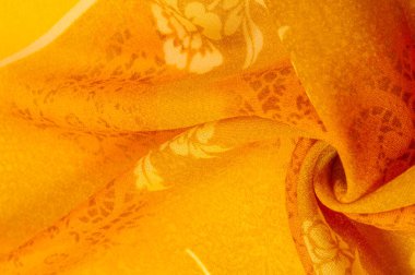 Doku, arka plan, tasarım. Çiçek desenli turuncu kumaş. Çiçekli botanik çiçekleri. Arkaplan çizimleri kümesi.