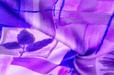 Soyut desenli mavi-leylak kumaş, bitki yapraklı dalların izi. Arkaplan dokusu. Geçmişi. Şablon.