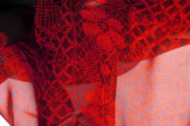 Kırmızı dantel kumaş, kırmızı ve siyah kumaşın kombinasyonu. mavi, yakut, doku, arkaplan, desen.