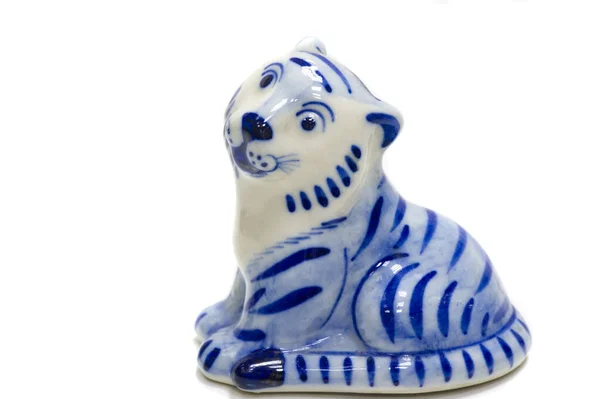 Figurka Lwiego Szczeniaka Porcelany Ceramicznej Pchli Targ Ludowe Rzemiosła Gzhel — Zdjęcie stockowe