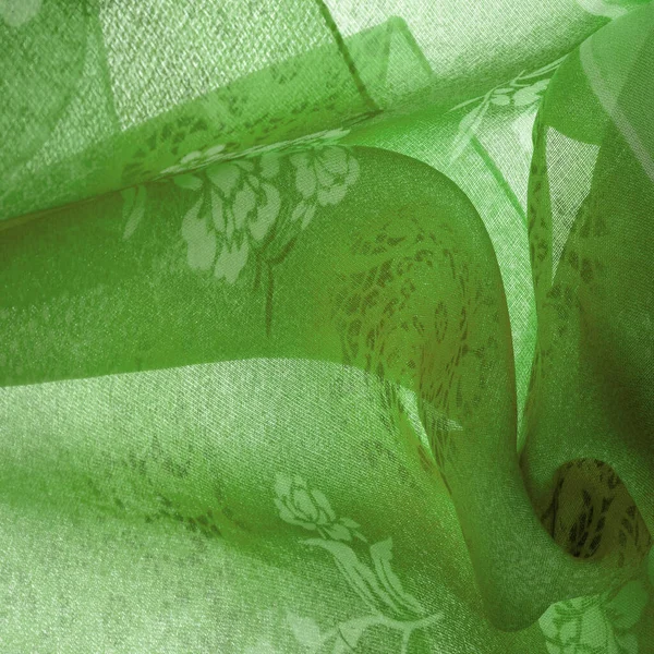 Textura Fundo Design Tecido Seda Verde Com Padrão Floral Fragmento — Fotografia de Stock