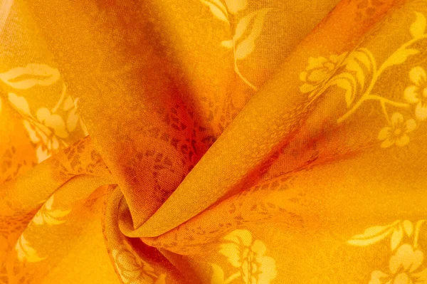 Textuur Achtergrond Design Oranje Stof Met Beschilderde Bloemmotieven Botanische Bloemen — Stockfoto